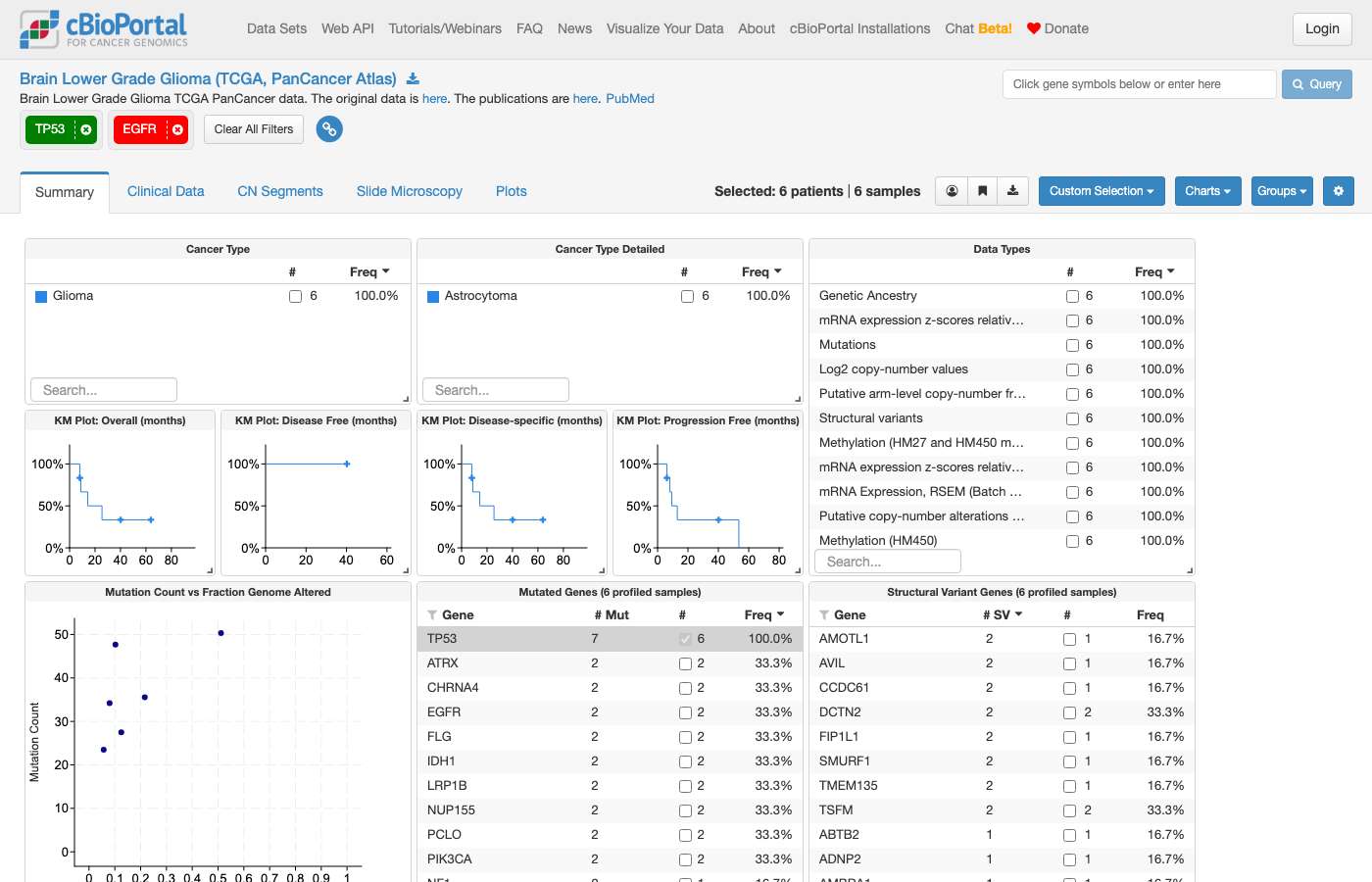 Screenshot of https://www.cbioportal.org/study/summary?id=lgg_tcga_pan_can_atlas_2018#filterJson=%7B%22geneFilters%22%3A%5B%7B%22geneQueries%22%3A%5B%5B%7B%22hugoGeneSymbol%22%3A%22TP53%22%7D%5D%5D%2C%22molecularProfileIds%22%3A%5B%22lgg_tcga_pan_can_atlas_2018_mutations%22%5D%7D%2C%7B%22geneQueries%22%3A%5B%5B%7B%22alterations%22%3A%5B%22AMP%22%5D%2C%22hugoGeneSymbol%22%3A%22EGFR%22%7D%5D%5D%2C%22molecularProfileIds%22%3A%5B%22lgg_tcga_pan_can_atlas_2018_gistic%22%5D%7D%5D%7D