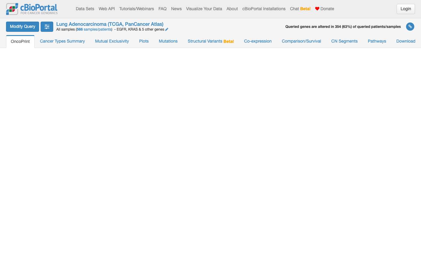 Screenshot of https://www.cbioportal.org/results/oncoprint?cancer_study_list=luad_tcga_pan_can_atlas_2018&gene_list=EGFR%0AKRAS%0AALK%0AROS1%0AMET%0AERBB2%0AFGFR1&case_set_id=luad_tcga_pan_can_atlas_2018_all&clinicallist=SEX%2CGRADE
