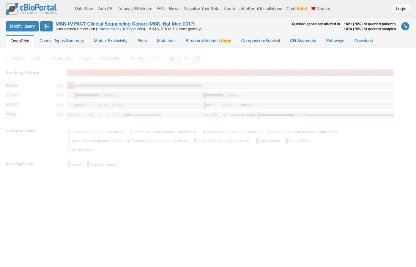 Screenshot of https://www.cbioportal.org/results/oncoprint?session_id=6ab5b0e6c2115c492d884dc0&clinicallist=SMOKING_HISTORY